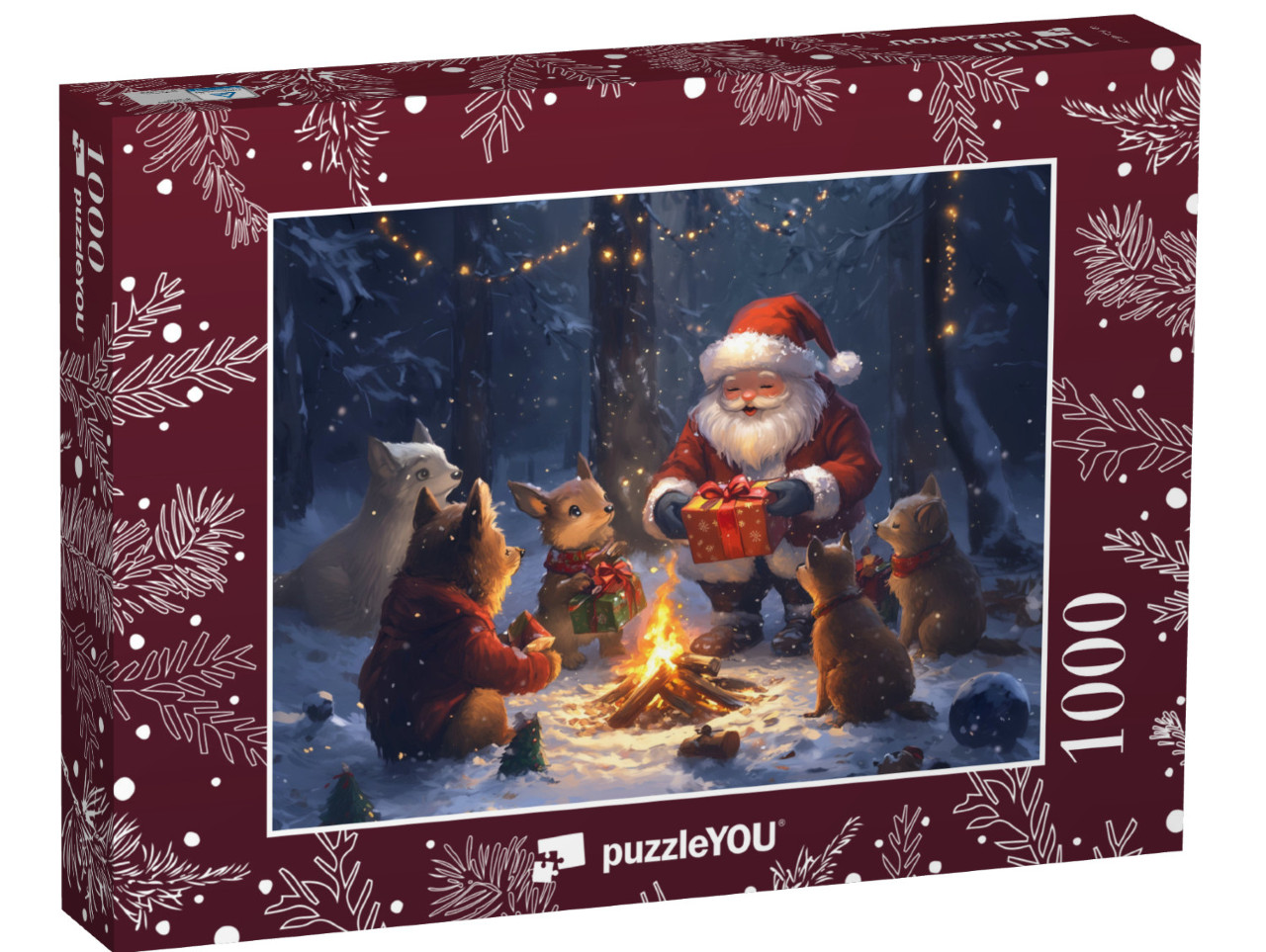 Puzzel 1000 stukjes „Noël en forêt : les enfants des animaux reçoivent des cadeaux du Père Noël“