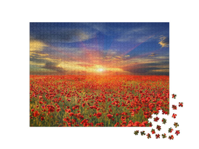 Puzzel 1000 stukjes „Zonsondergang over klaprozenveld“