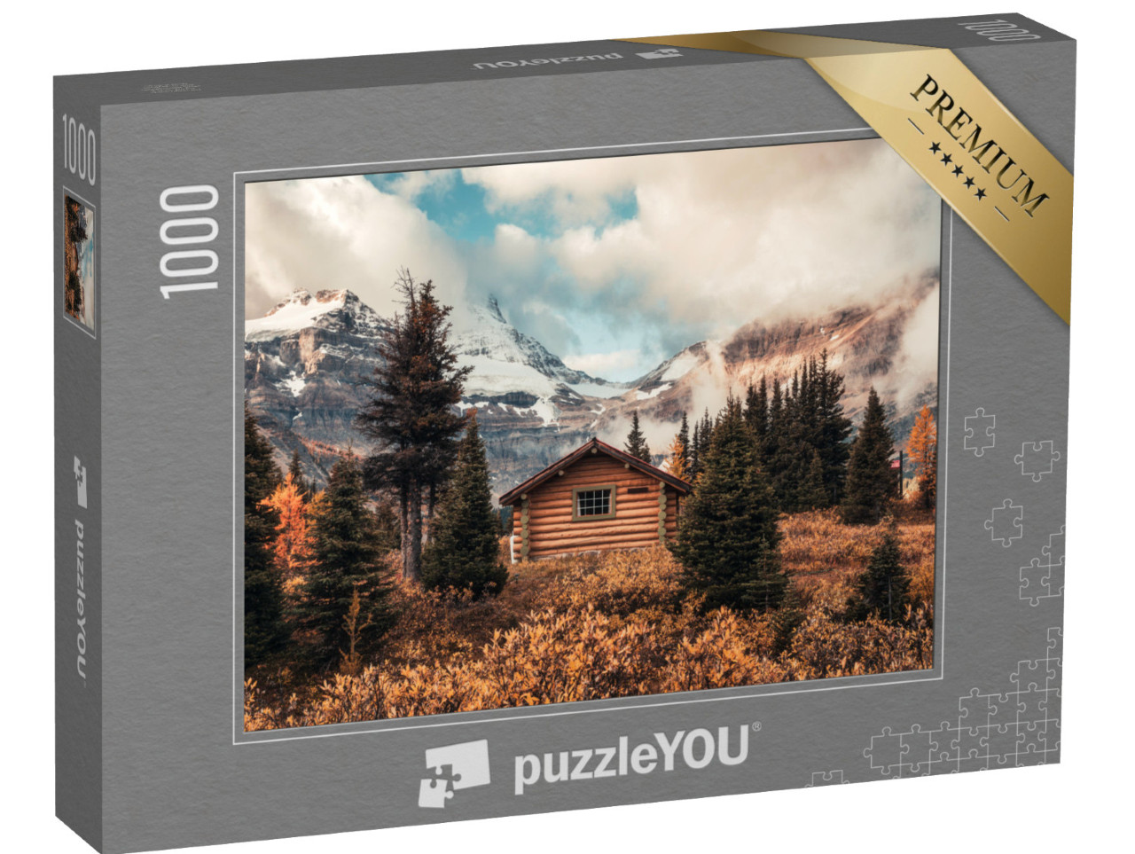 Puzzel 1000 stukjes „Houten hut op Assiniboine Mountain in het herfstbos, Canada“