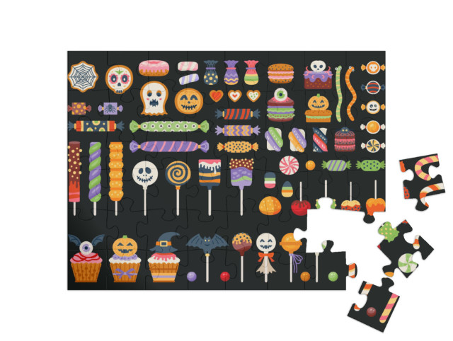 Puzzel 48 stukjes „Snoep, zuurstokken en lolly's met Halloween“