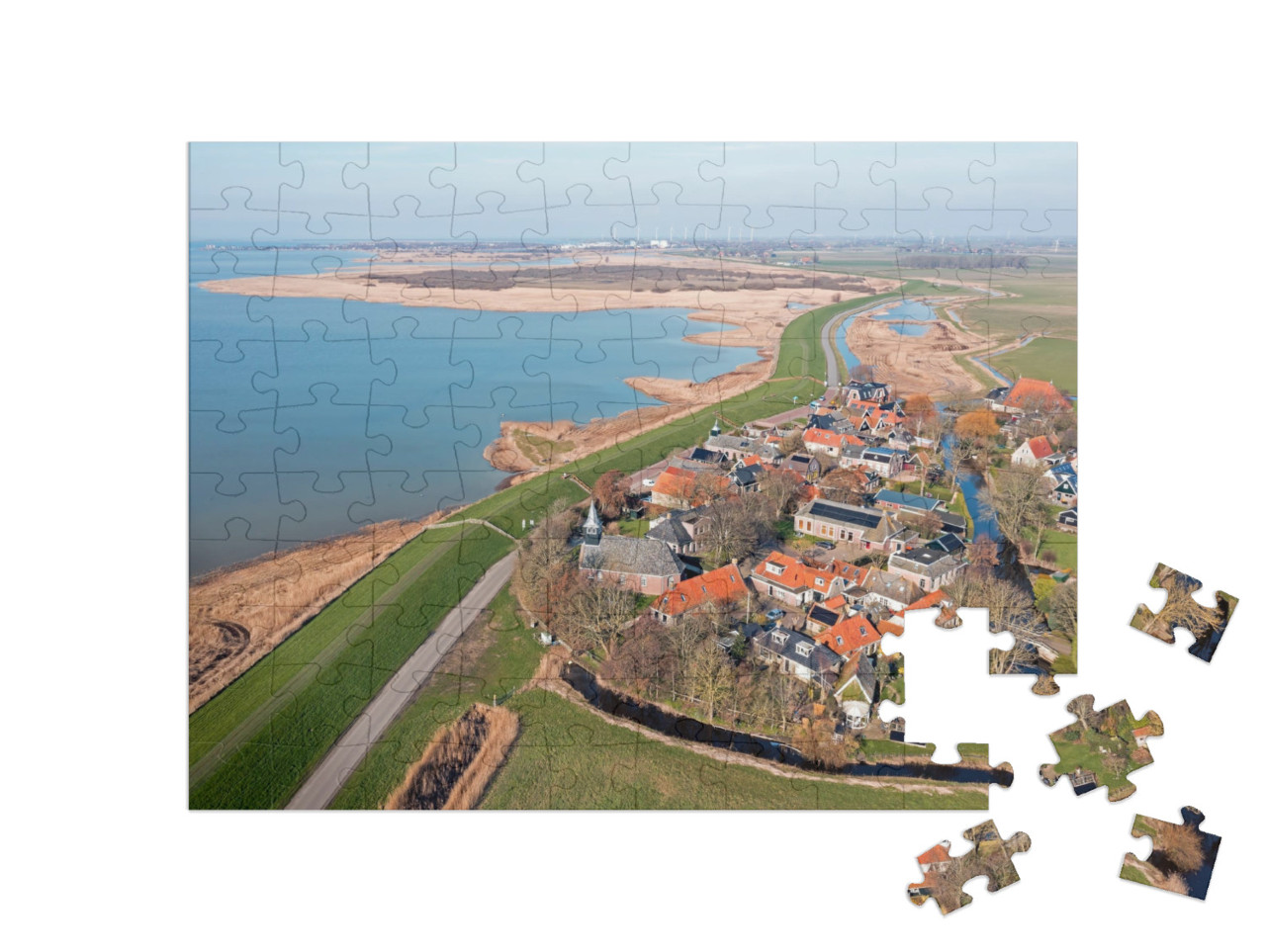 Puzzel 100 stukjes „Luchtfoto van het historische dorp Gaast aan het IJsselmeer in Friesland“