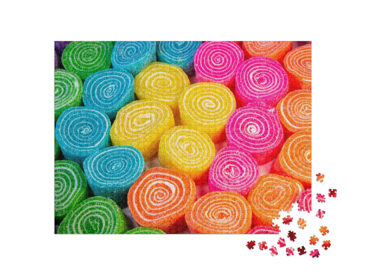 Puzzel 1000 stukjes „Veelkleurige snoepspiralen in blauw, oranje, roze, geel en groen“