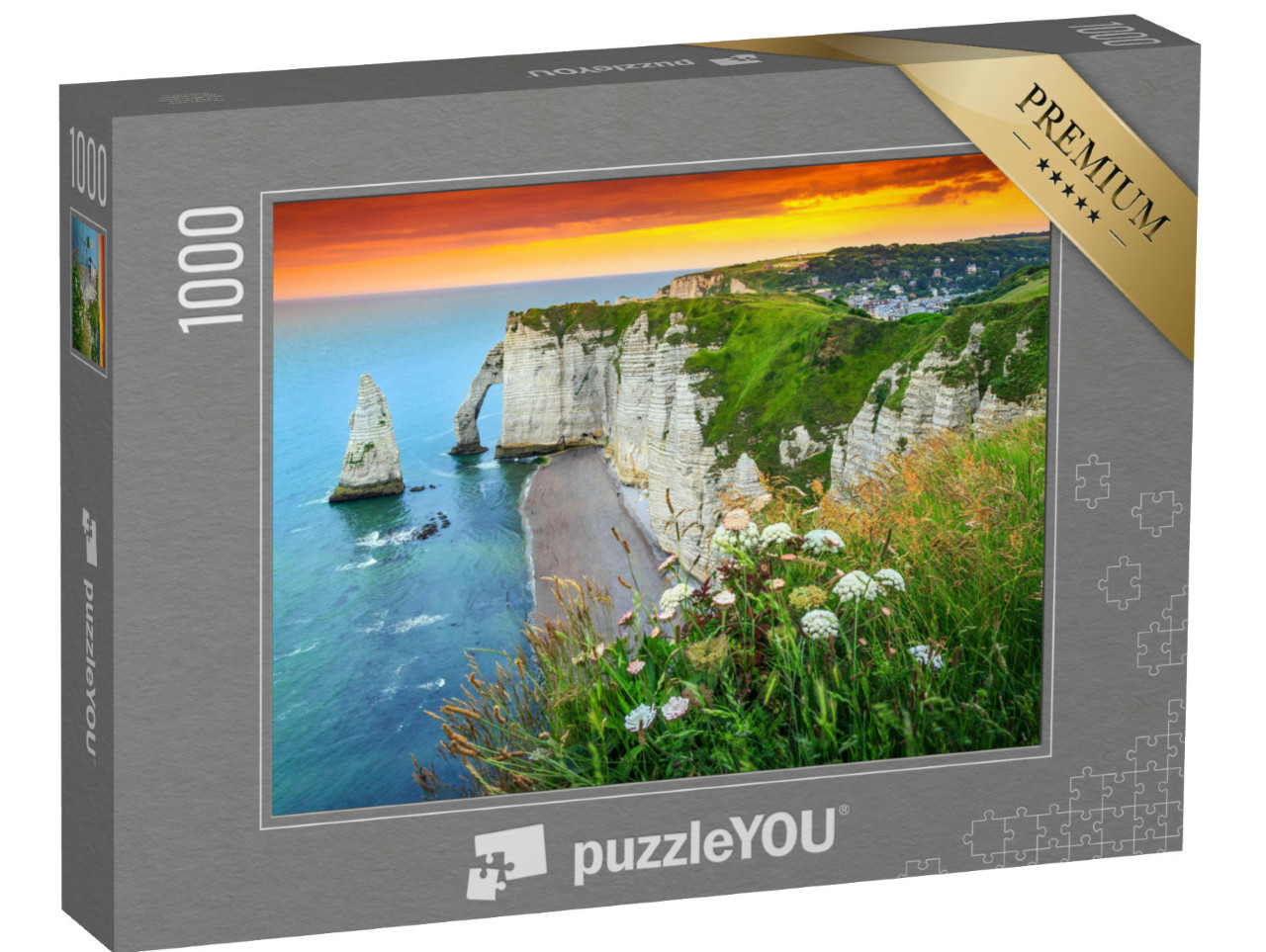 Puzzel 1000 stukjes „Mooie kliffen van Etretat met prachtige beroemde kustlijn en prachtige zonsondergang“