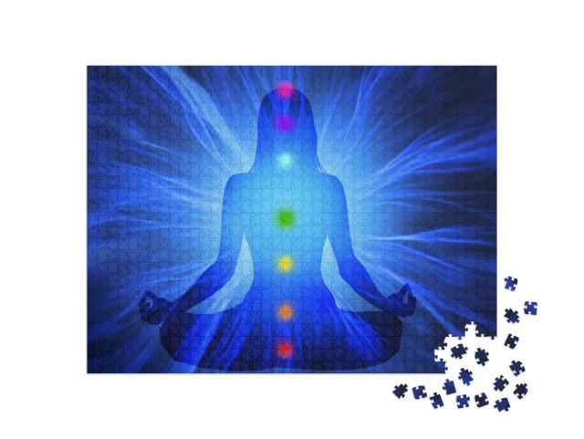 Puzzel 1000 stukjes „Silhouet van een vrouw die yoga doet en zeven chakrapunten bereikt“