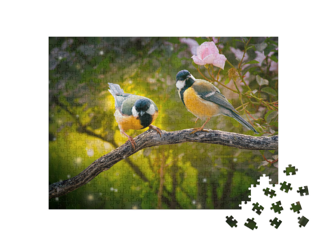 Puzzel 500 stukjes „Twee grote koolmezen in het bos“