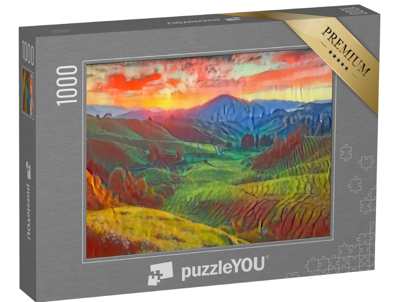 Puzzel 1000 stukjes „in de kunststijl van Franz Marc - theeplantage Sungai Palas in Cameron Highlands, Pahang, Maleisië“
