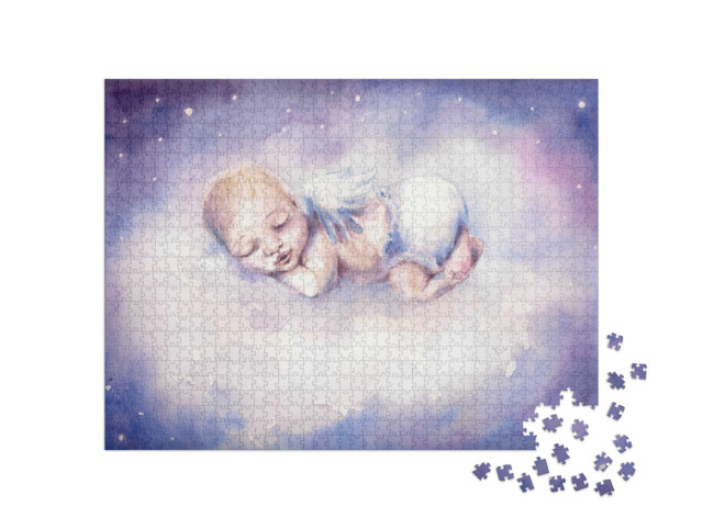 Puzzel 1000 stukjes „Slapende pasgeboren baby met engelenvleugels“