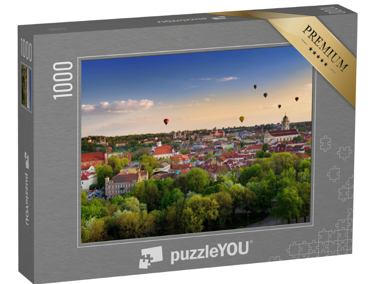 Puzzel 1000 stukjes „Zomerpanorama van de oude binnenstad van Vilnius met kleurrijke luchtballonnen“