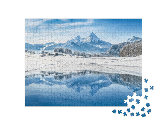 Puzzel 1000 stukjes „Dromerig winterlandschap van de Alpen: Panorama van besneeuwde toppen“