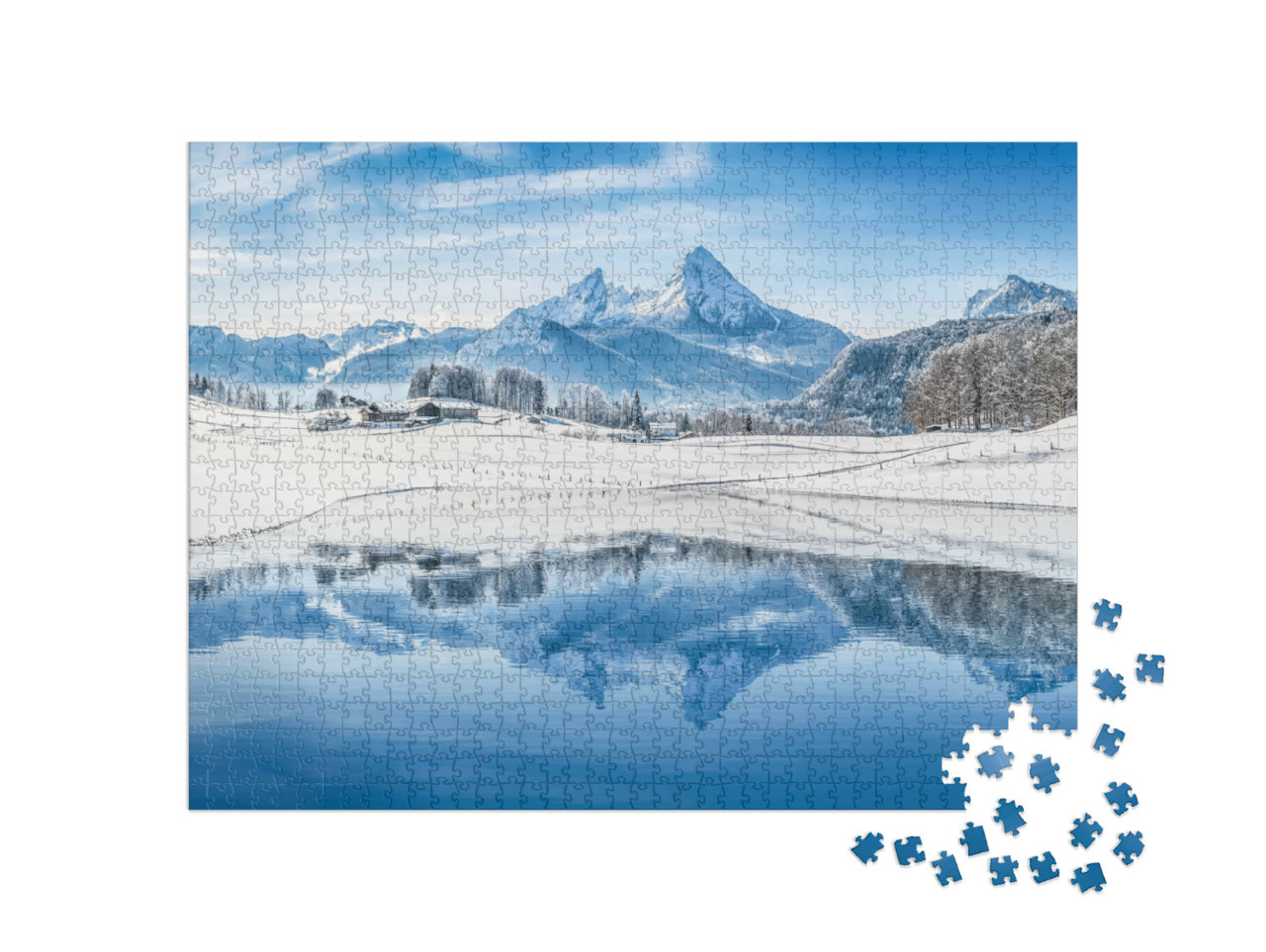 Puzzel 1000 stukjes „Dromerig winterlandschap van de Alpen: Panorama van besneeuwde toppen“