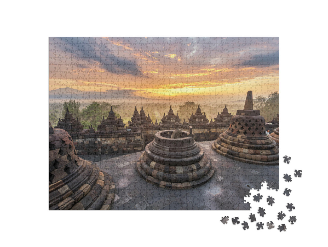 Puzzel 1000 stukjes „Zonsopgang bij Borobudur tempel, Indonesië“