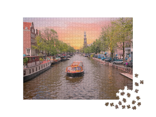 Puzzel 1000 stukjes „Stadsgezicht in Amsterdam, Nederland, aan de Prinsengracht met de Westerkerk“