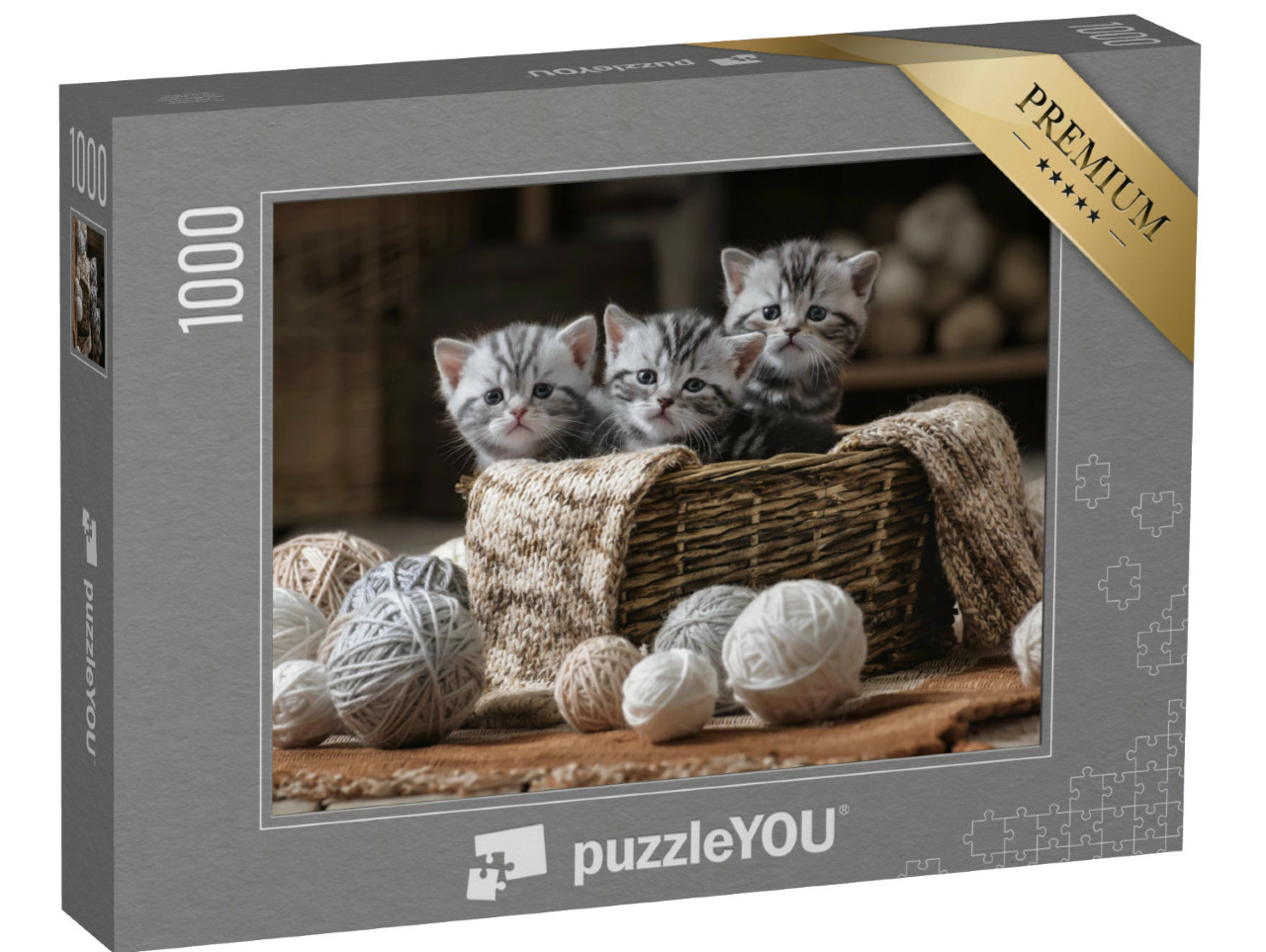 Puzzel 1000 stukjes „Groep kleine gestreepte katjes met bolletjes garen“