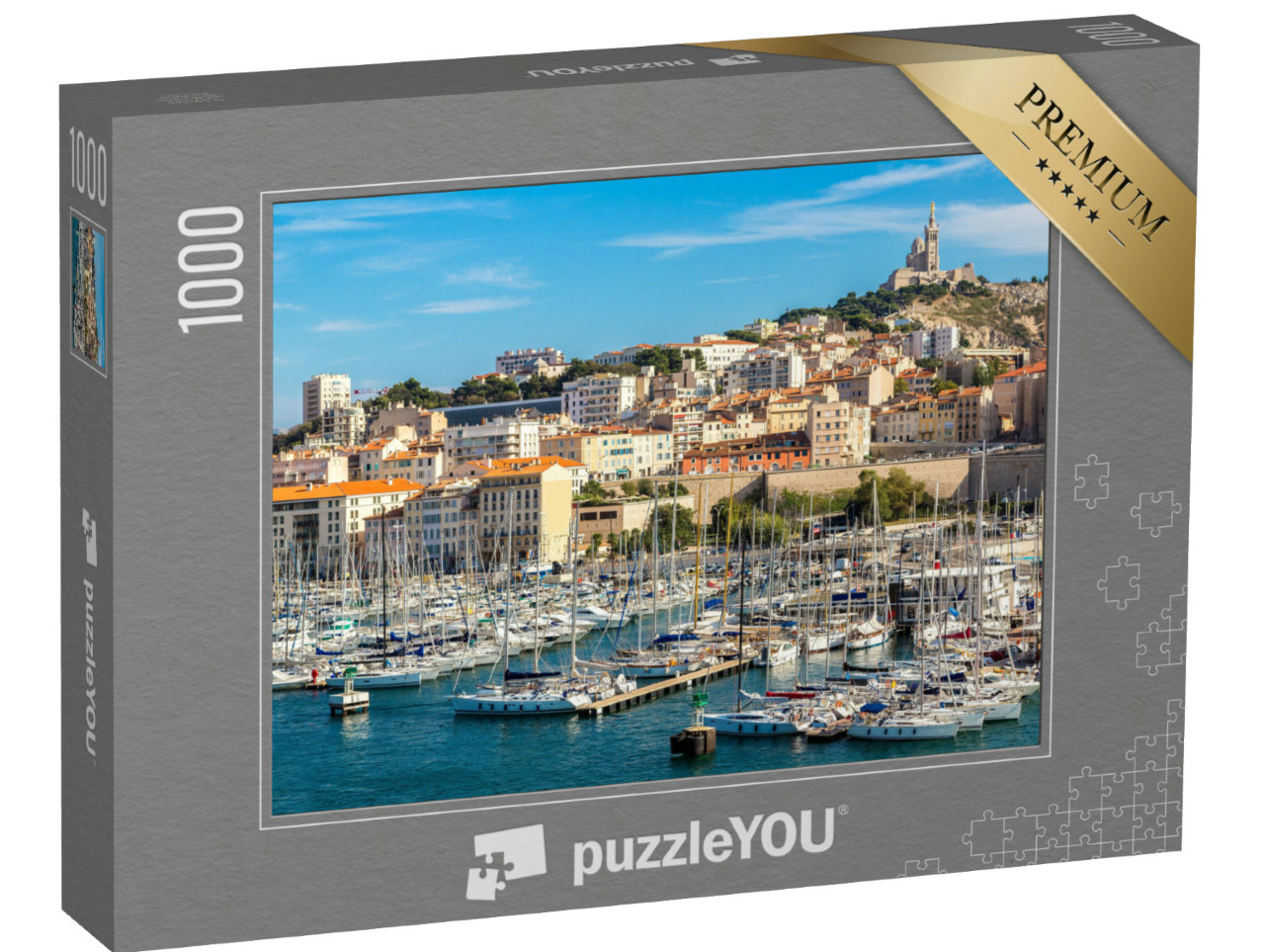 Puzzel 1000 stukjes „Basiliek Notre Dame de la Garde en oude haven in Marseille, Frankrijk“