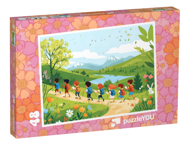 Puzzel 48 stukjes „Zonneschijn, bergen en gelukkige kinderen“