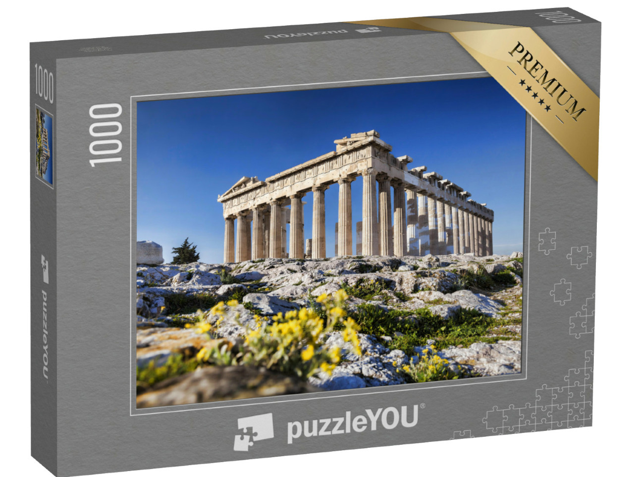 Puzzel 1000 stukjes „Parthenon tempel met lentebloemen op de Akropolis“