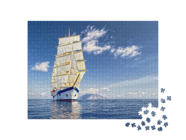 Puzzel 1000 stukjes „Zeilschip met witte zeilen onder een helderblauwe hemel“