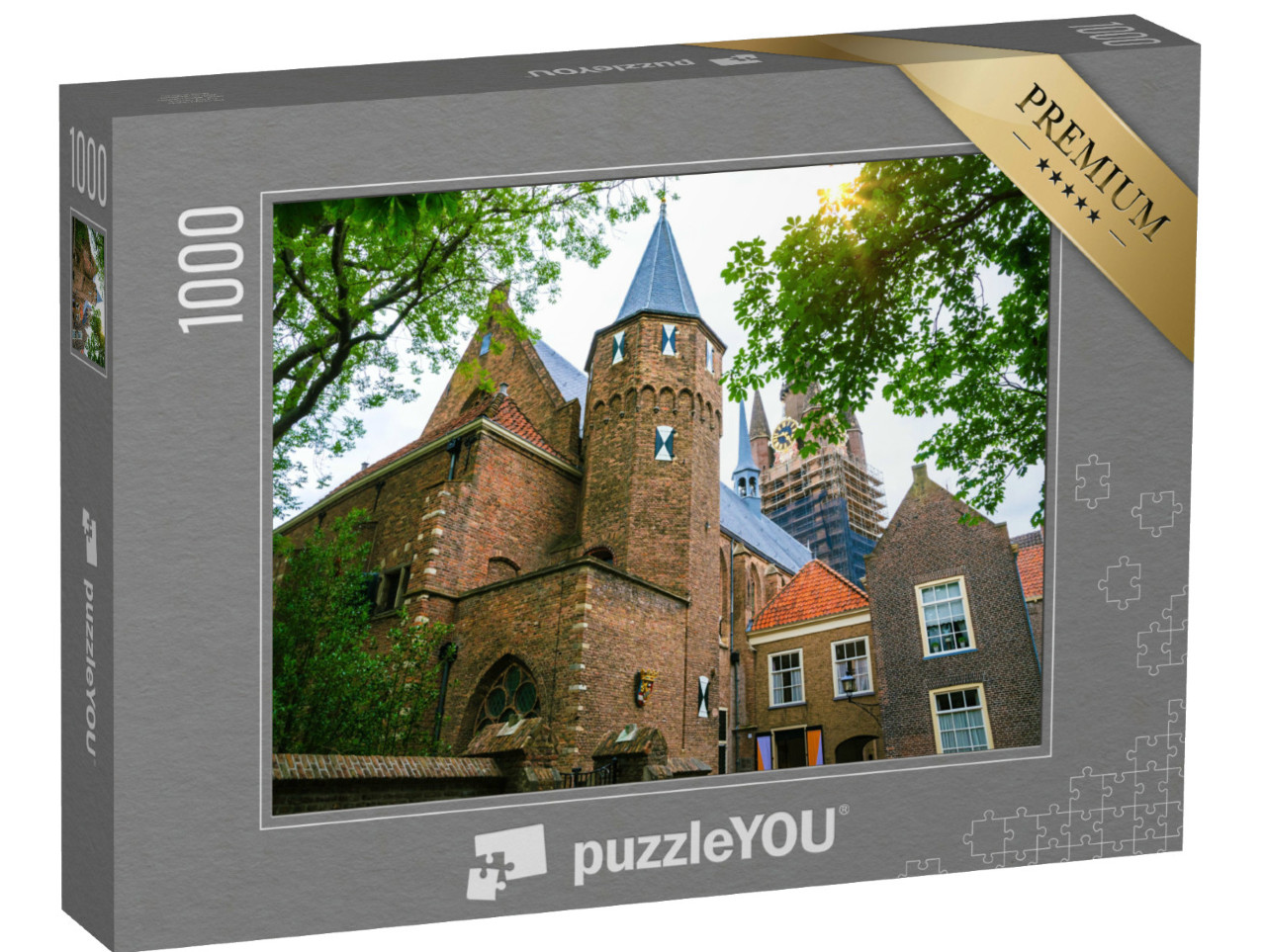 Puzzel 1000 stukjes „Smalle straat en toren van de Oude Kerk in de prachtige oude binnenstad van Delft, Nederland“