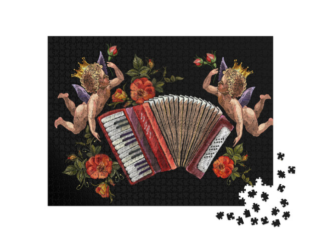 Puzzel 1000 stukjes „Een engel, accordeon en rozen, muziek“
