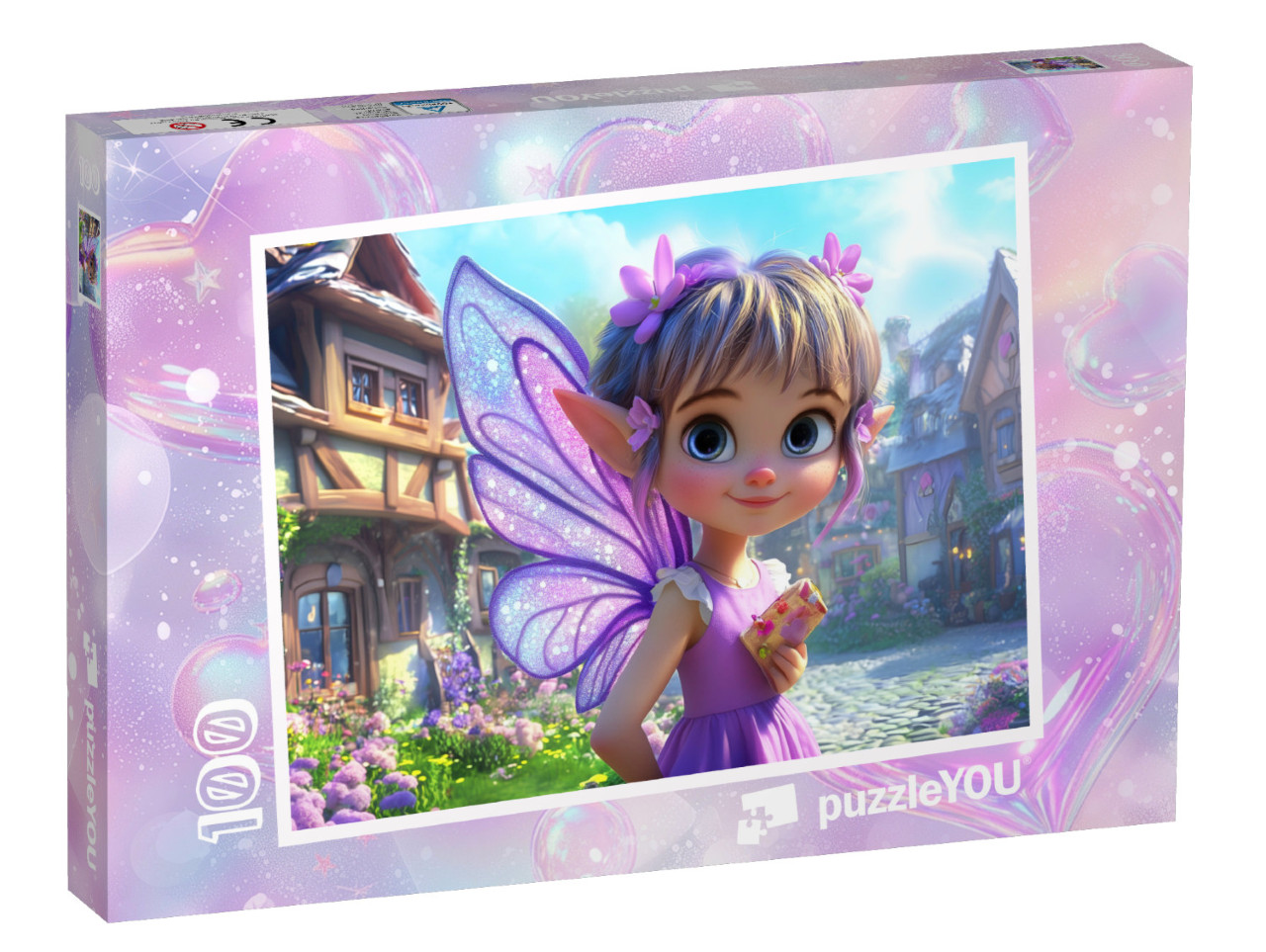 Puzzel 100 stukjes „Betoverende, paarse glitterfee in haar toverland“