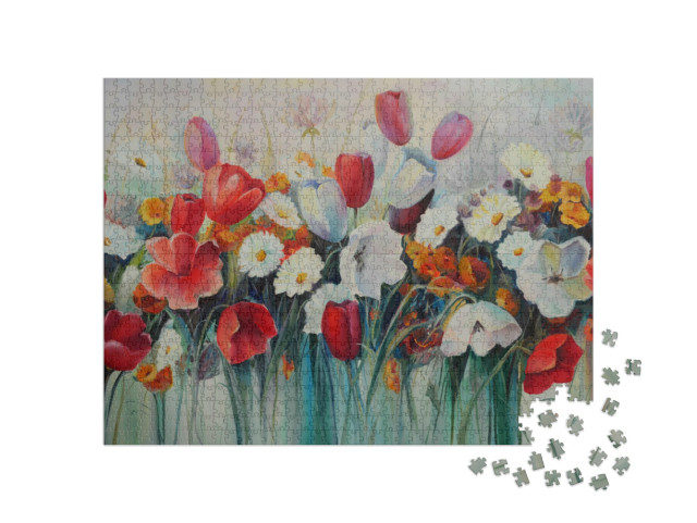 Puzzel 1000 stukjes „Olieverfschilderij: rode en witte tulpen“