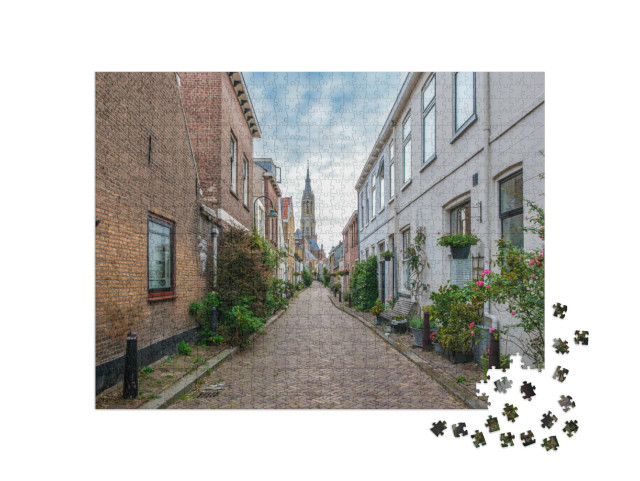 Puzzel 1000 stukjes „Stadsgezicht van Delft met uitzicht op de toren van de beroemde Nieuwe Kerk“