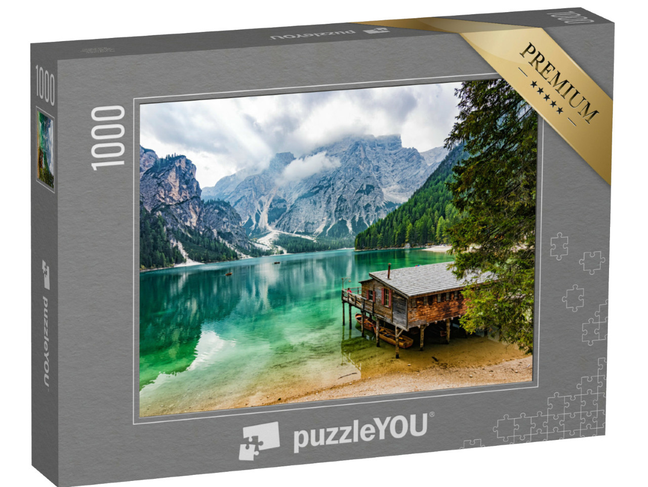 Puzzel 1000 stukjes „Boothuis aan het meer van Braies, Zuid-Tirol, Italië“
