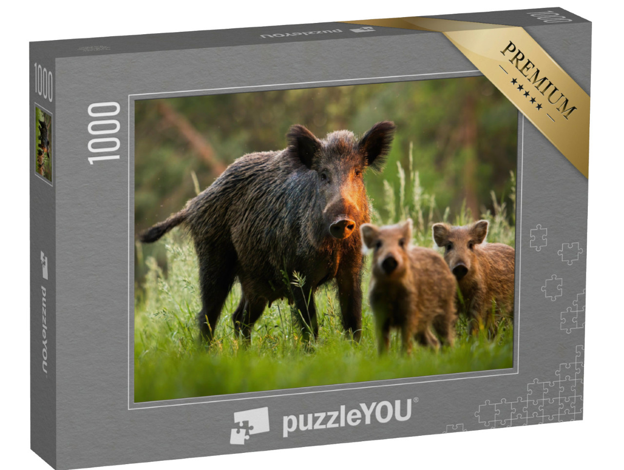 Puzzel 1000 stukjes „Familie van wilde zwijnen met jonge zwijnen“