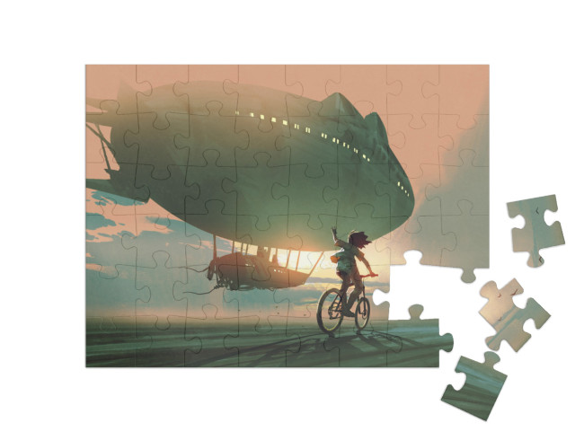 Puzzel 48 stukjes „Fietsend kind zwaait na een zeppelin“
