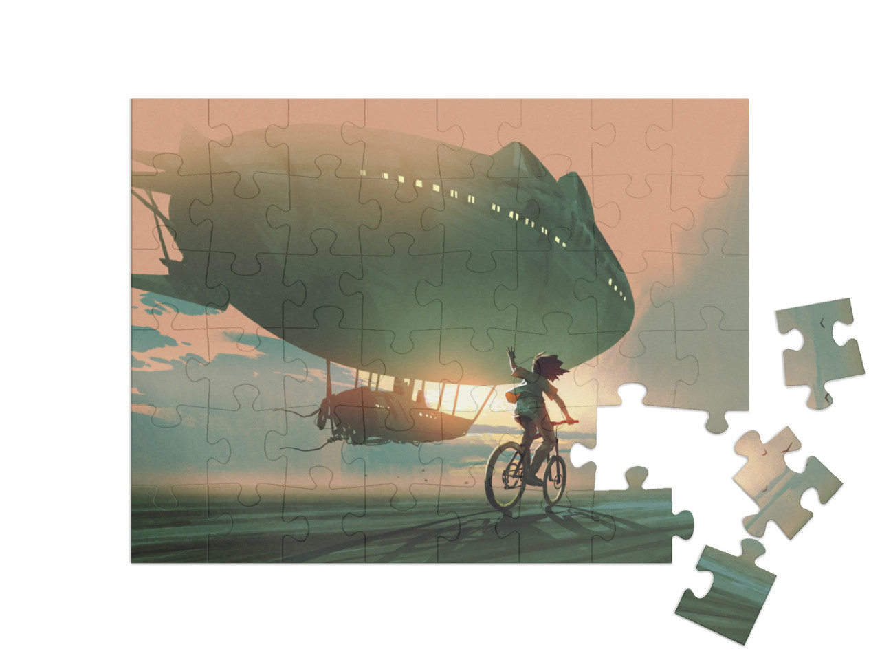 Puzzel 48 stukjes „Fietsend kind zwaait na een zeppelin“