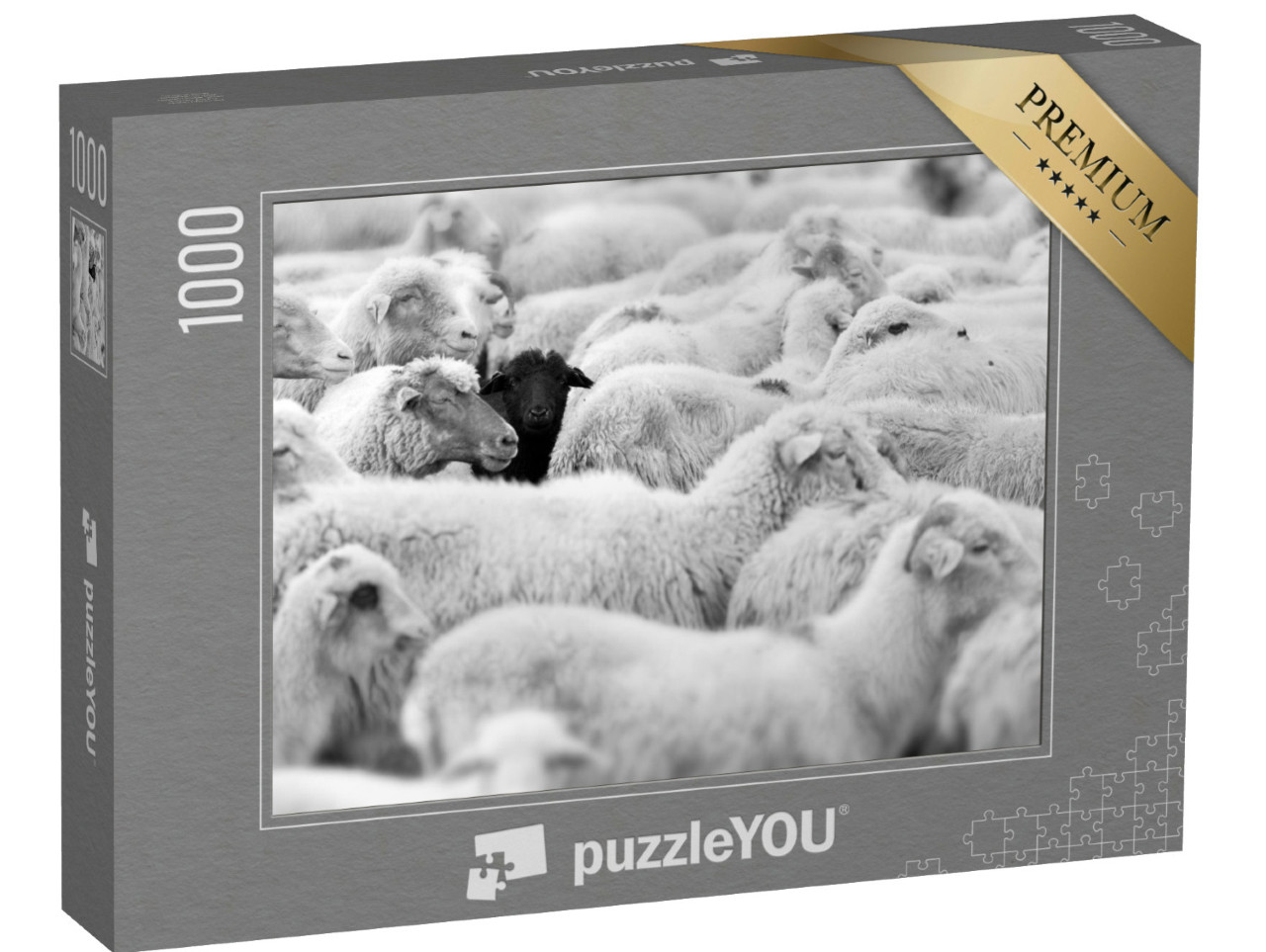 Puzzel 1000 stukjes „Een zwart schaap in de kudde blanken“