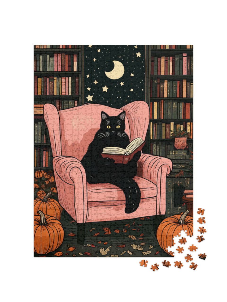 Puzzel 1000 stukjes „Zwarte kat leest in een leunstoel op Halloween“