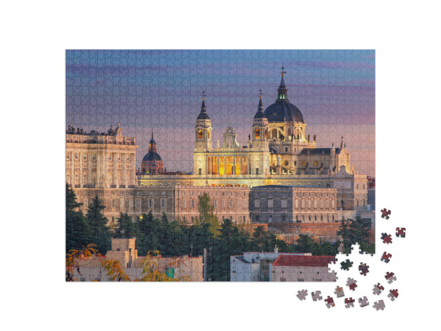 Puzzel 1000 stukjes „Avondsfeer in Madrid - Kathedraal Santa Maria en Koninklijk Paleis“