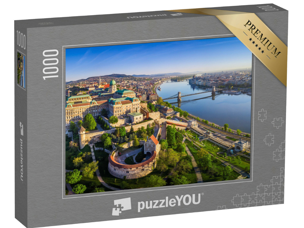 Puzzel 1000 stukjes „Skyline van het Buda Kasteel met de Szechenyi Kettingbrug, Boedapest, Hongarije“