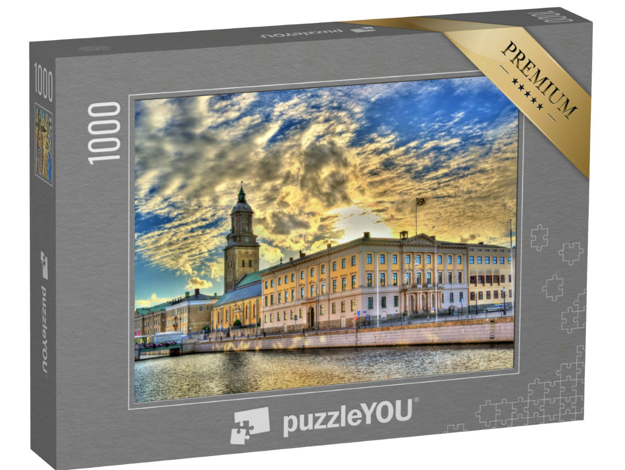 Puzzel 1000 stukjes „Het stadhuis en de Duitse kerk in Göteborg, Zweden“