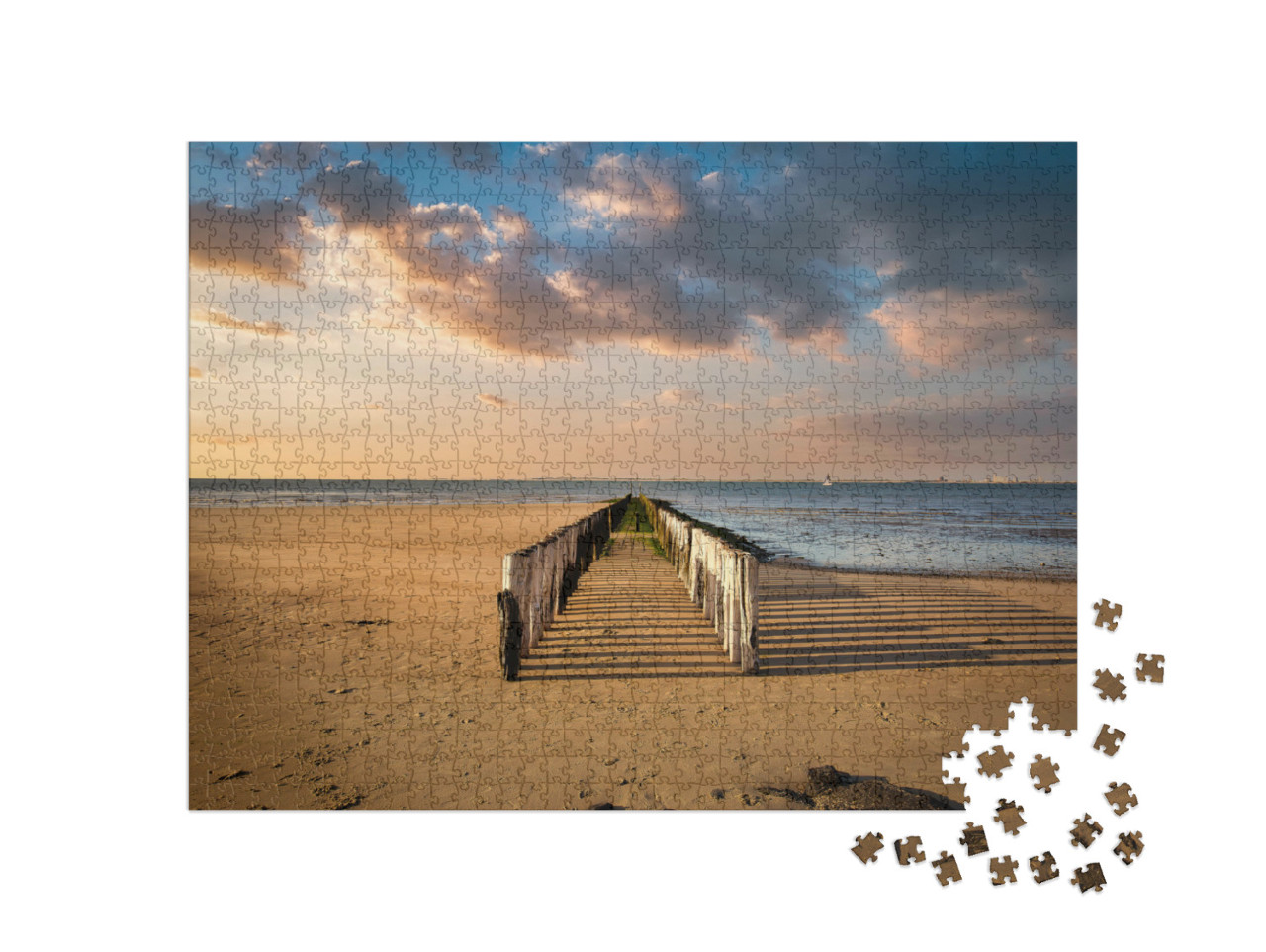 Puzzel 1000 stukjes „Het strand in het Nederlandse dorp Breskens op een warme zomerdag bij eb.“