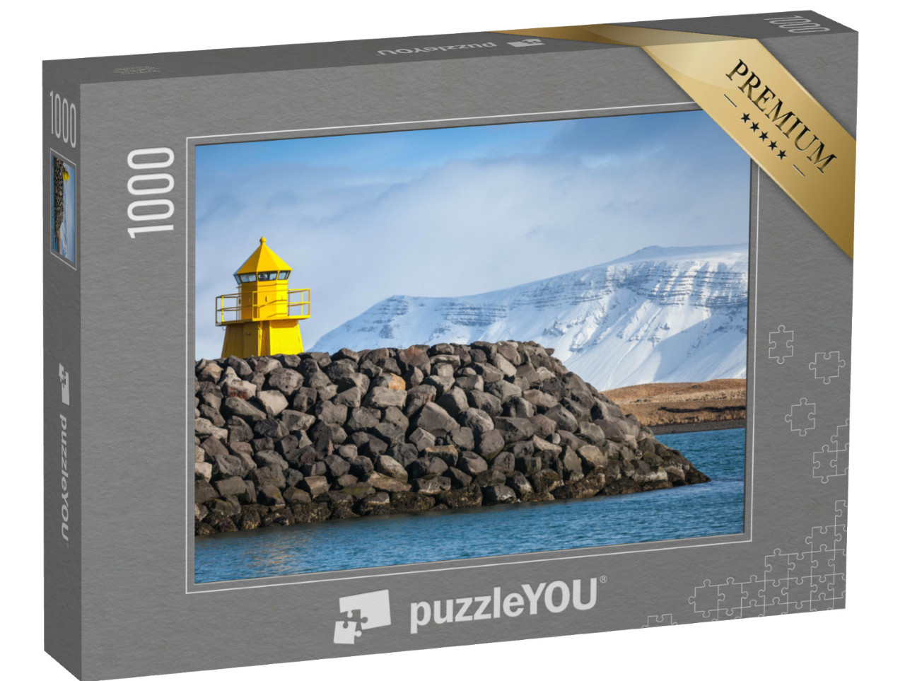 Puzzel 1000 stukjes „Gele vuurtoren op een stenen golfbreker voor de haven van Reykjavik“