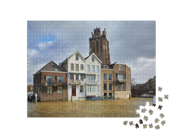 Puzzel 1000 stukjes „Dordrecht met de Onze-Lieve-Vrouwekerk in de winter, provincie Zuid-Holland“