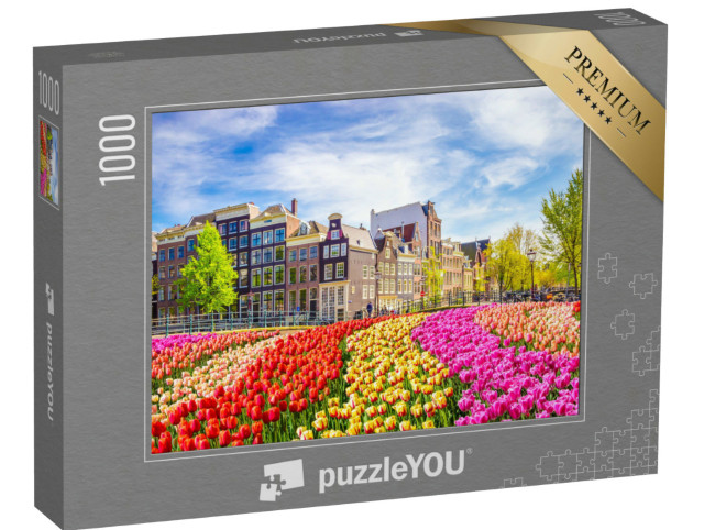 Puzzel 1000 stukjes „Prachtige oude gebouwen en tulpen in Amsterdam, Nederland“