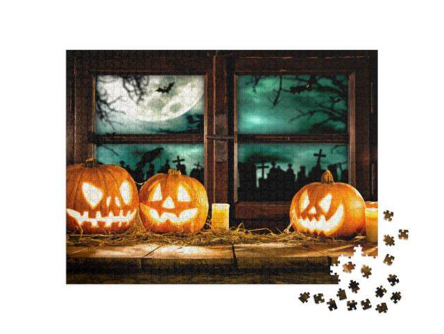 Puzzel 1000 stukjes „Spookachtige Halloween-pompoenen bij het donkere raam“