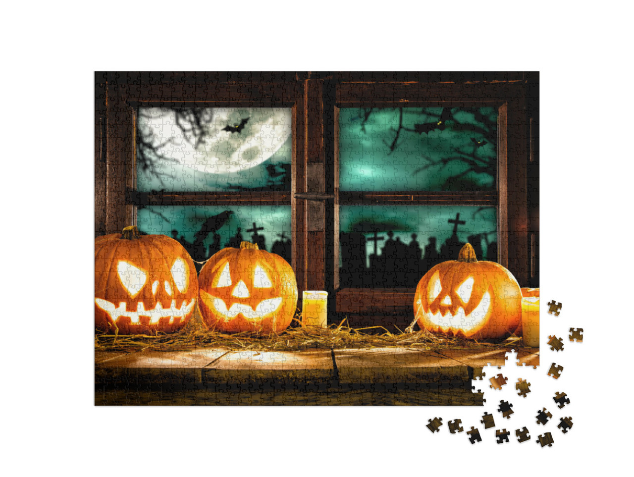 Puzzel 1000 stukjes „Spookachtige Halloween-pompoenen bij het donkere raam“