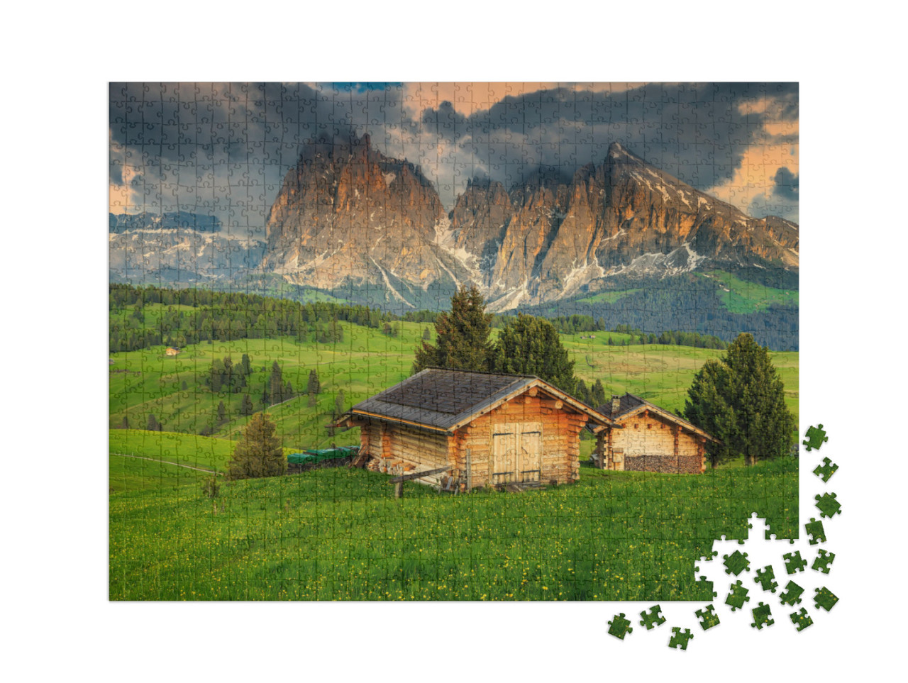 Puzzel 1000 stukjes XXL „Lente op de Alpe di Siusi met de Sassolungo Groep, Dolomieten, Italië“