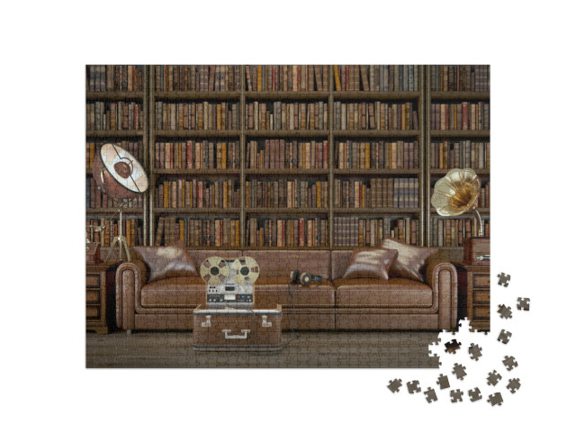 Puzzel 1000 stukjes „Stijlvolle vintage woonkamer met bibliotheek“