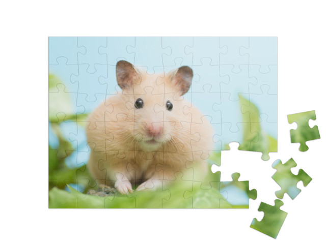 Puzzel 48 stukjes „Goudhamster omringd door groene bladeren“