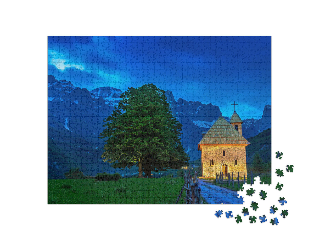Puzzel 1000 stukjes „Kerk in het dorp Thethi, Theth Valley, Albanië“