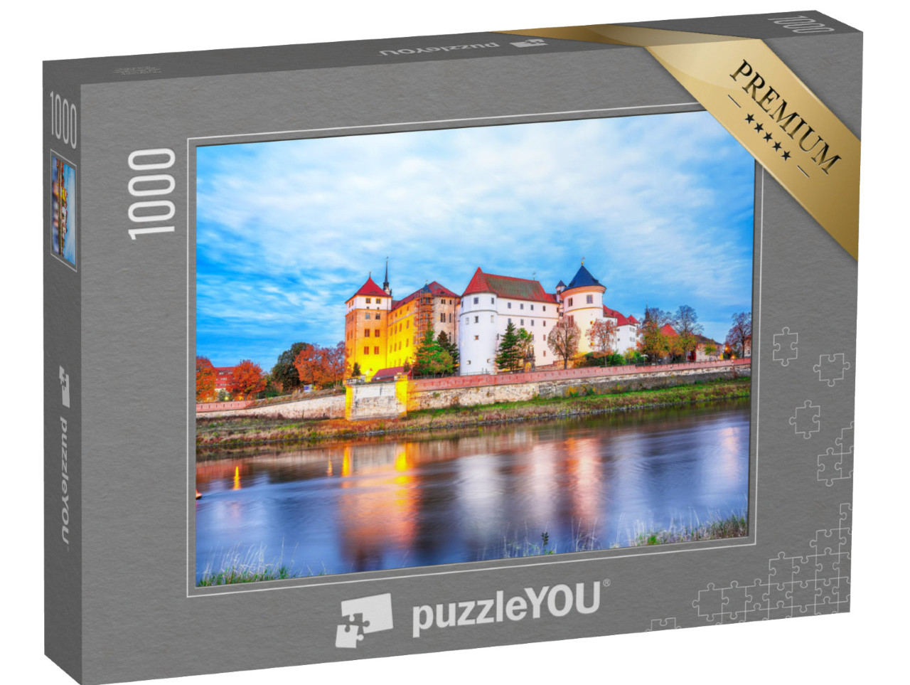 Puzzel 1000 stukjes „Pittoresk ochtenduitzicht van kasteel Hartenfels aan de oever van de Elbe“