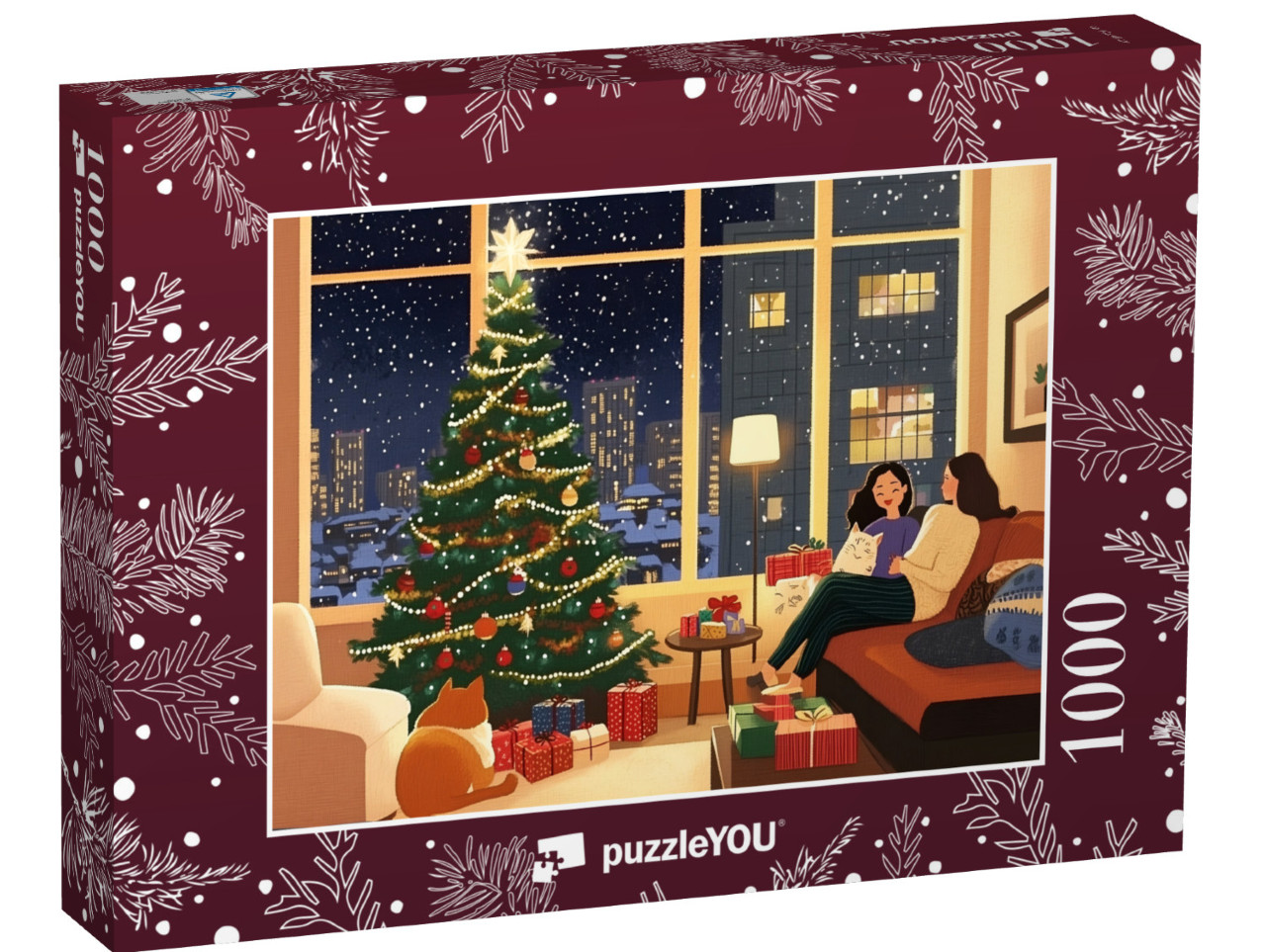 Puzzel 1000 stukjes „Soirée de Noël conviviale devant un sapin de Noël rayonnant“