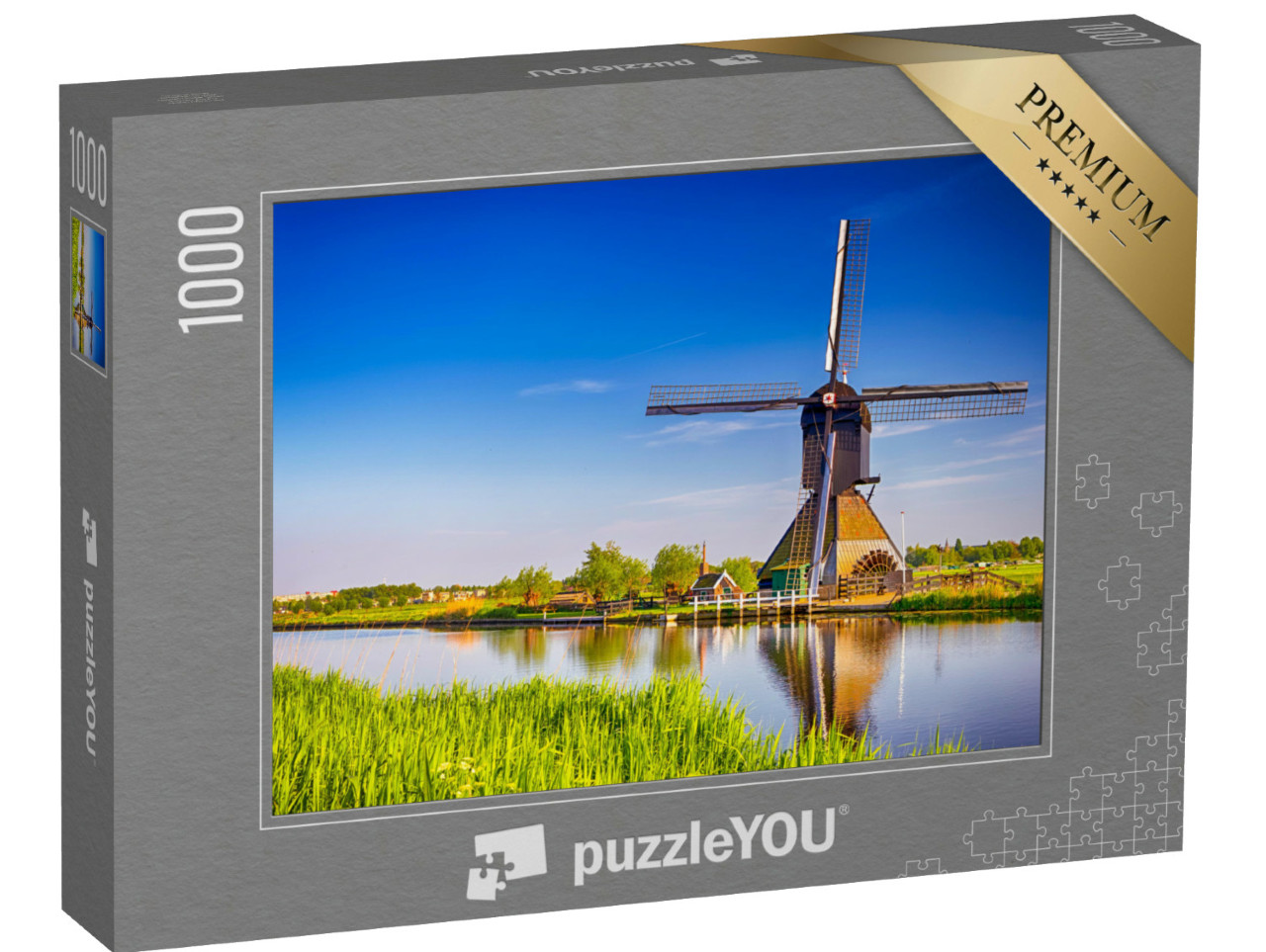 Puzzel 1000 stukjes „Uitzicht op windmolens in het dorp Kinderdijk“