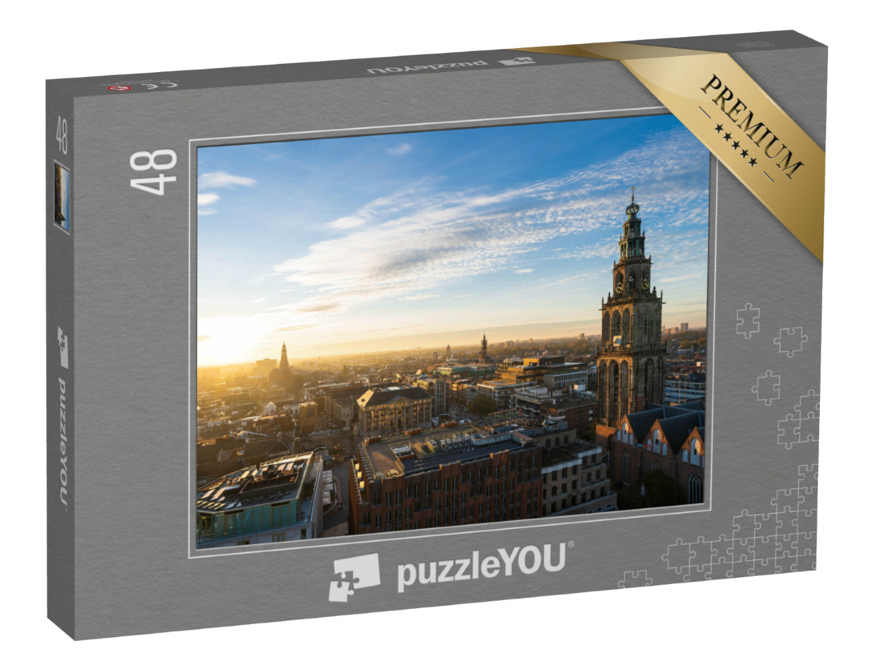 Puzzel 48 stukjes „De zonsondergang bij de Martinitoren en de historische binnenstad van Groningen“