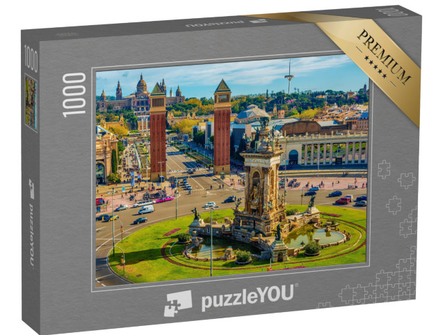Puzzel 1000 stukjes „Luchtfoto van Barcelona, Placa d'Espanya en Palau National, Spanje“